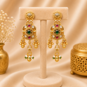 Royal Butterfly Heritage Antique Matte Gold Choker Suite with Hexagonal Gemstone Clusters and Beaded Pearl Drops