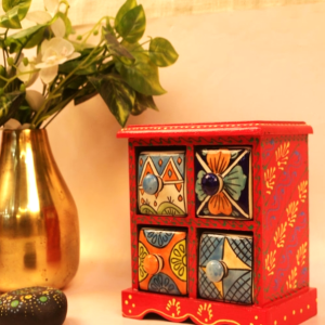 Hand-Painted Ceramic & Wooden 4-Drawer Mini Wooden Chest