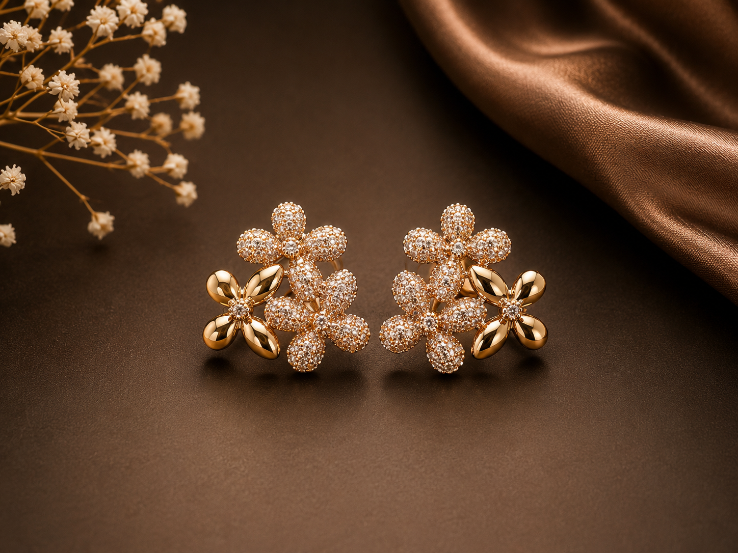 Elegant CZ Crystal Floral Cluster Stud Earrings