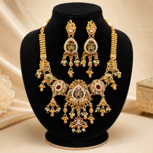 Imperial Heritage Antique Matte Gold Finish Necklace Set – Intricate Enamel Meenakari and Kemp Stone with Pearl Drops