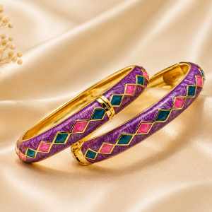 Geometric Harlequin Gold Tone Enamel Hinged Bracelet