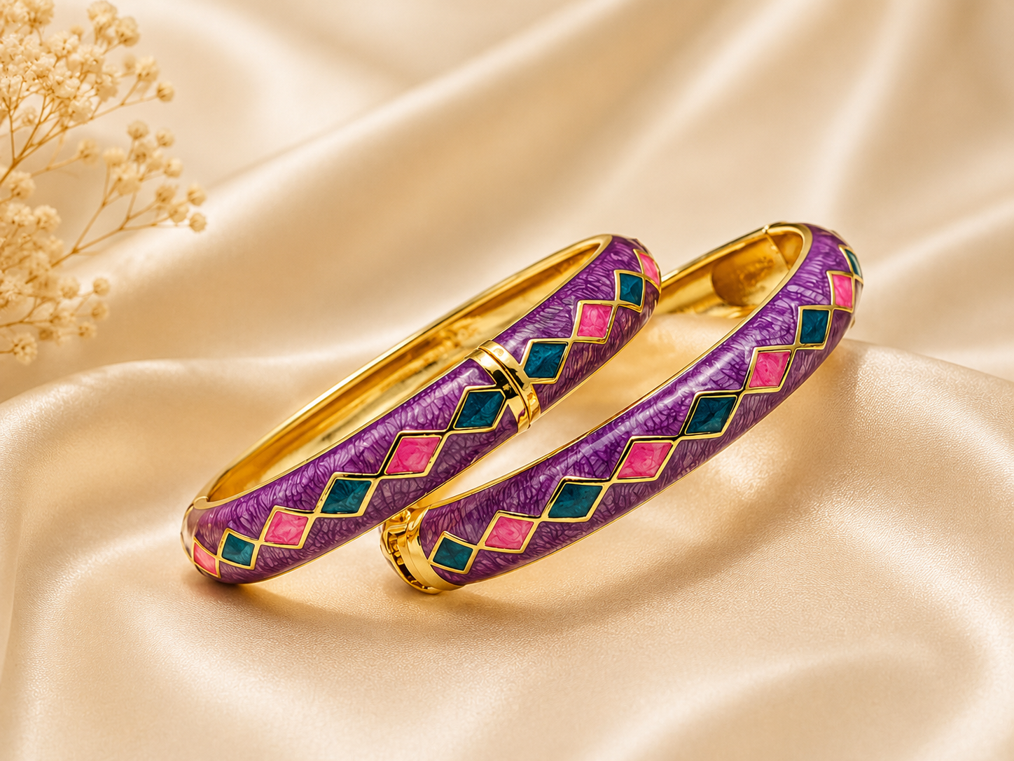 Geometric Harlequin Gold Tone Enamel Hinged Bracelet