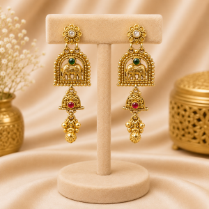 Antique Matte Gold Sovereign Gaja Heritage Suite with Intricate Elephant Filigree and a Deep Oval Emerald Cabochon