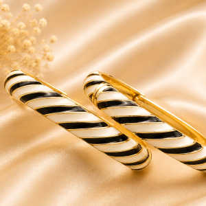 Zebra Spiral Black and White Striped Enamel Hinged Bracelet