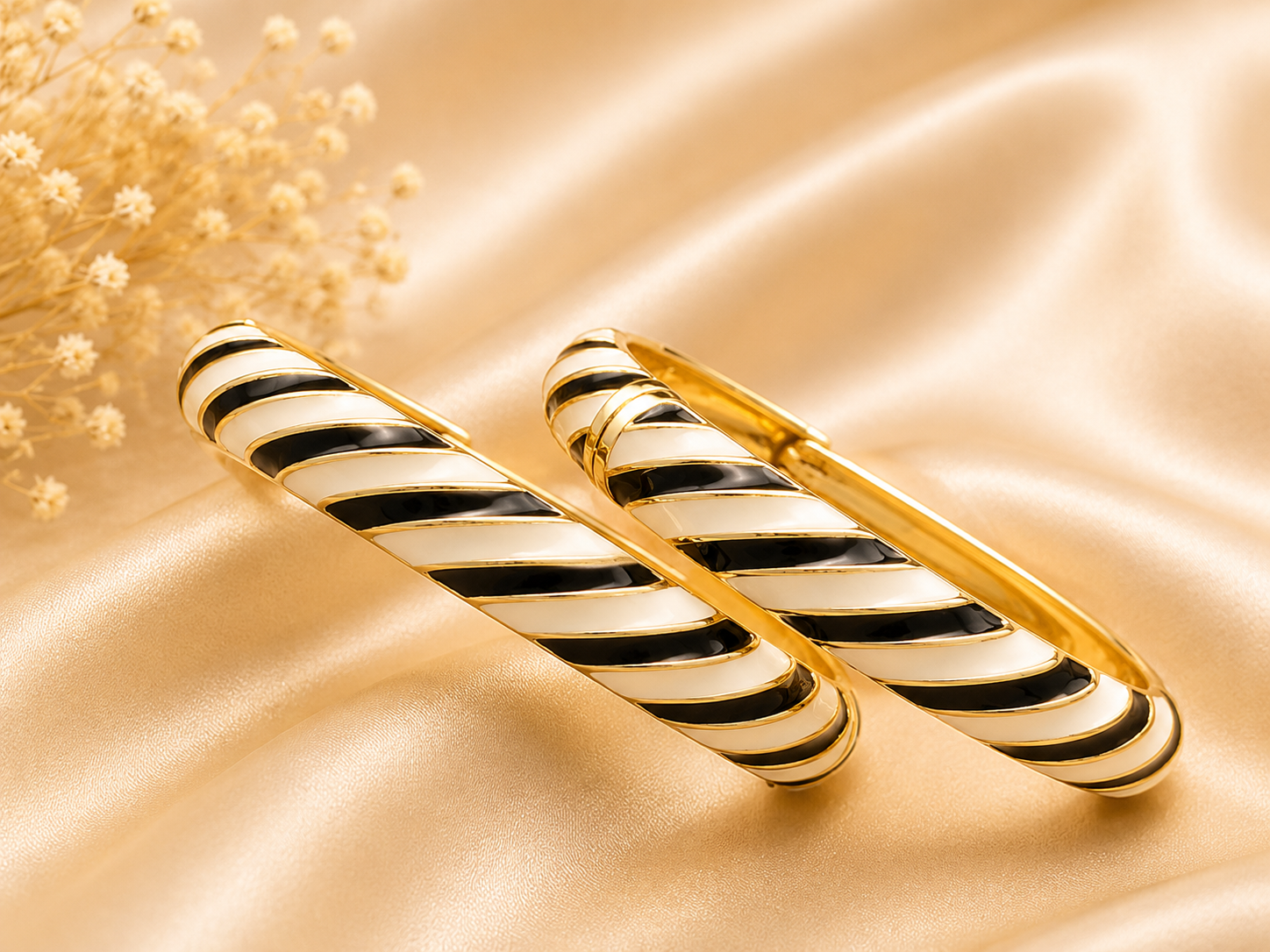 Zebra Spiral Black and White Striped Enamel Hinged Bracelet