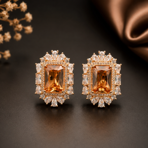 Elegant Emerald Cut Amber Crystal Halo Stud Earrings
