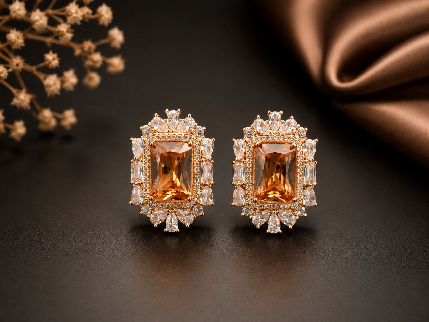 Elegant Emerald Cut Amber Crystal Halo Stud Earrings