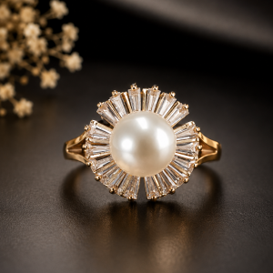 White Pearl Gold Sunburst Cocktail Ring with Tapered Baguette Crystal Border