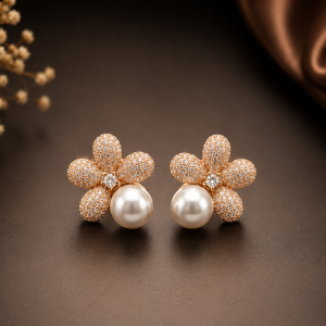 Gold Plated CZ Flower Pearl Stud Earrings