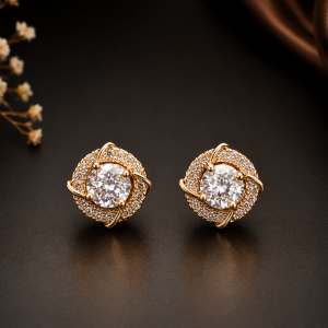 Round Solitaire CZ Swirl Halo Stud Earrings