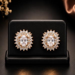Gold Plated Oval Cubic Zirconia Sunburst Stud Earrings