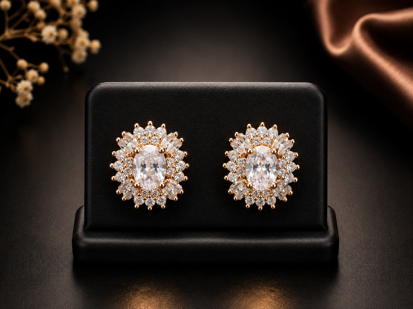 Gold Plated Oval Cubic Zirconia Sunburst Stud Earrings