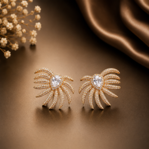 Gold Plated Cubic Zirconia Sunburst Wing Earrings with Pear Cut Center Stone