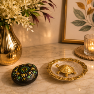 Feng Shui Brass Tortoise on Decorative Glass Plate