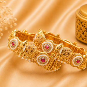 Royal Gold Tone Medallion Enamel Statement Bangles