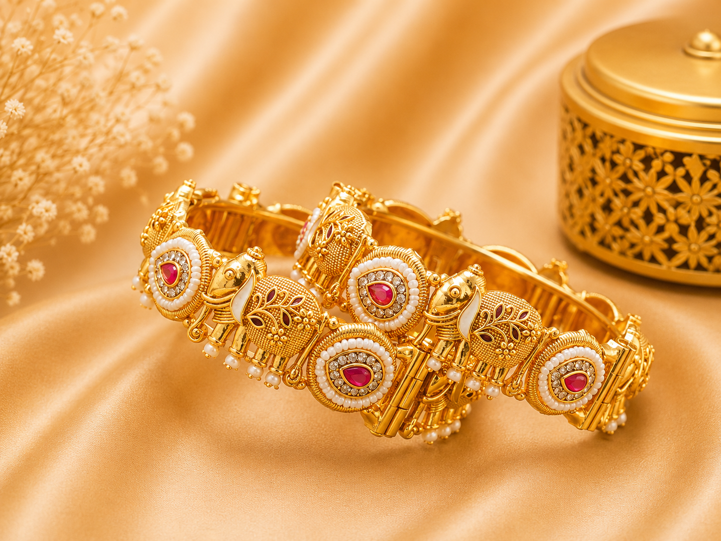 Royal Gold Tone Medallion Enamel Statement Bangles