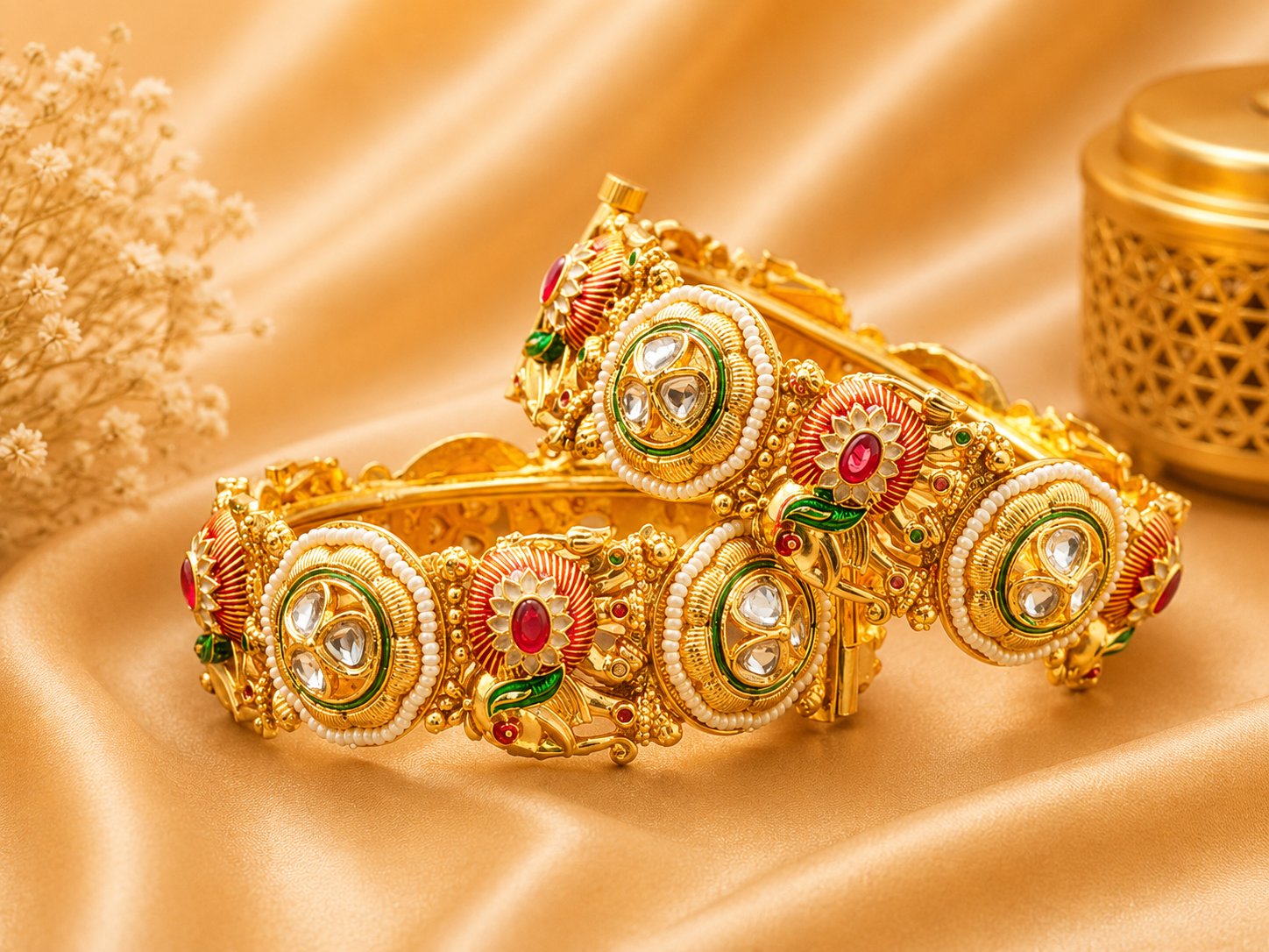 Antique Pearl Bordered Emblem Kundan Kada Bangles