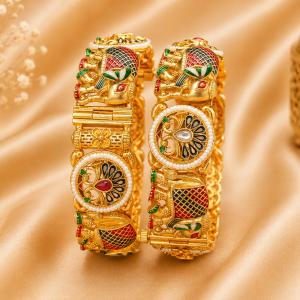 Antique Gold Tone Pearl and Enamel Embellished Statement Bangles