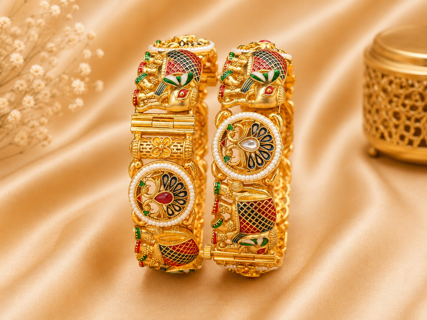 Antique Gold Tone Pearl and Enamel Embellished Statement Bangles