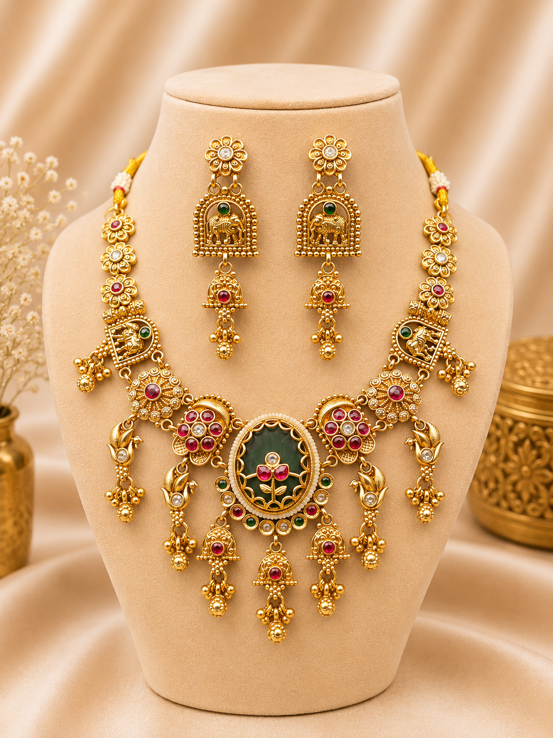 Antique Matte Gold Sovereign Gaja Heritage Suite with Intricate Elephant Filigree and a Deep Oval Emerald Cabochon - Image 2