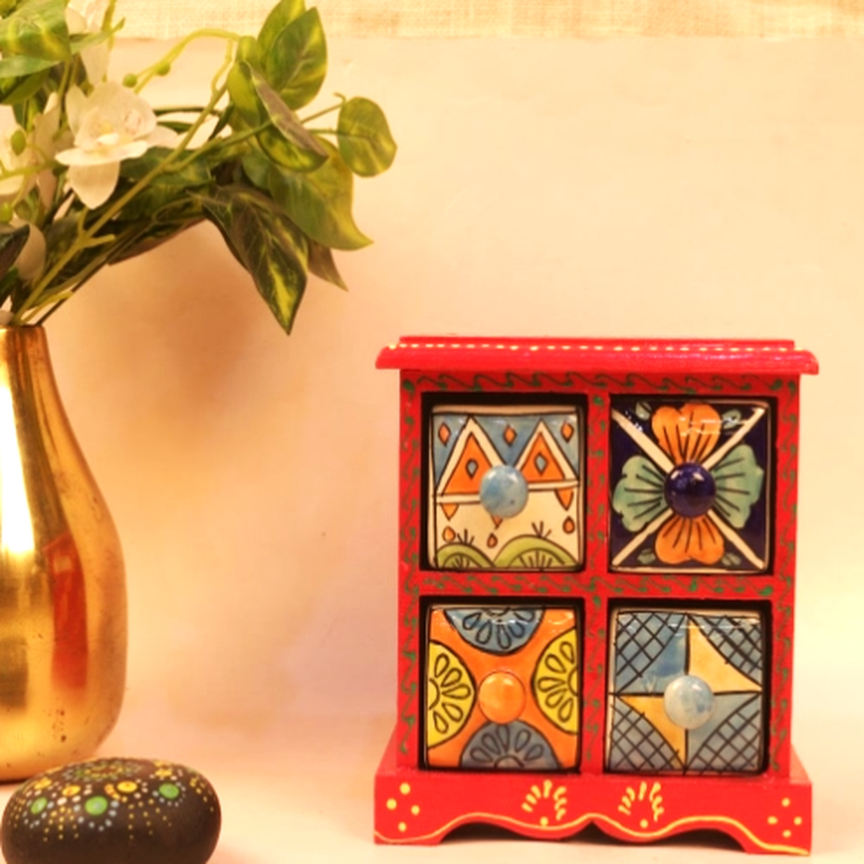Hand-Painted Ceramic & Wooden 4-Drawer Mini Wooden Chest - Image 2