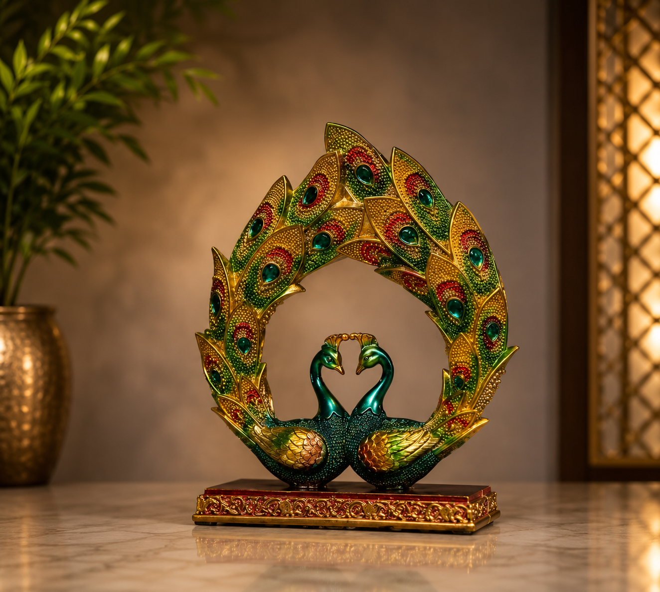 Elegant Twin Peacock Resin Statue – Majestic Feathers Circular - Image 2