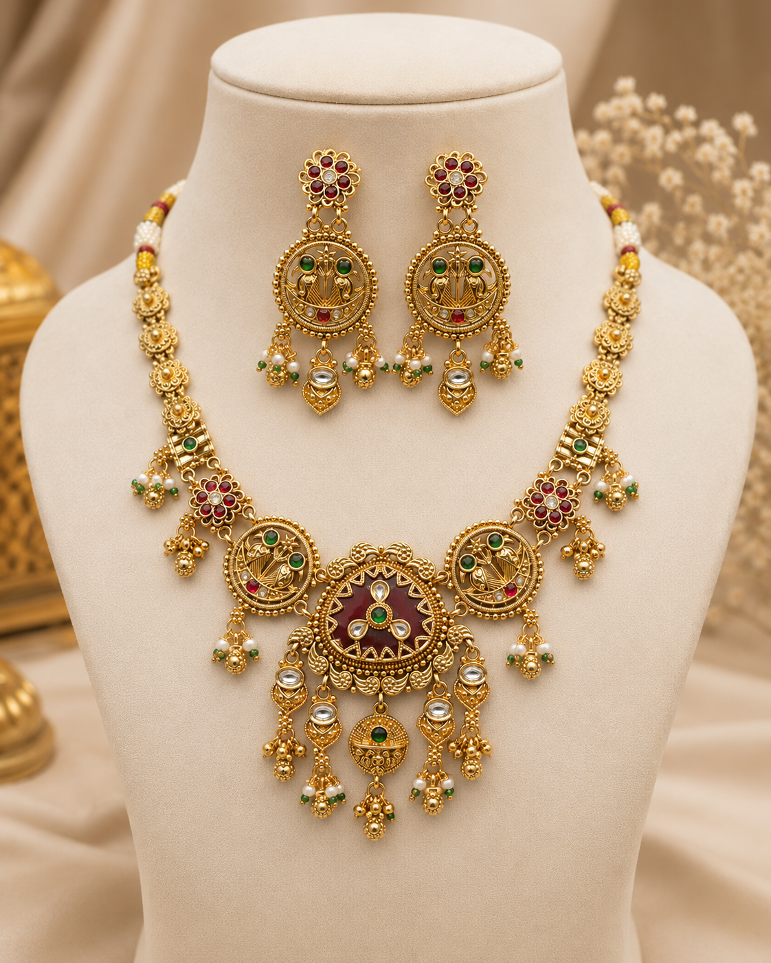 Heritage Antique Gold Matte Finish Kundan Choker Necklace - Image 2