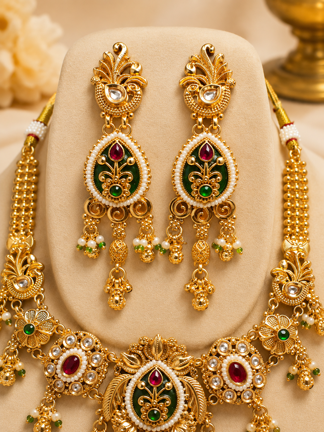 Imperial Heritage Antique Matte Gold Finish Necklace Set – Intricate Enamel Meenakari and Kemp Stone with Pearl Drops - Image 2
