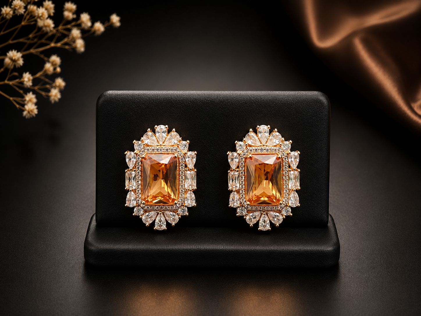 Elegant Emerald Cut Amber Crystal Halo Stud Earrings - Image 2