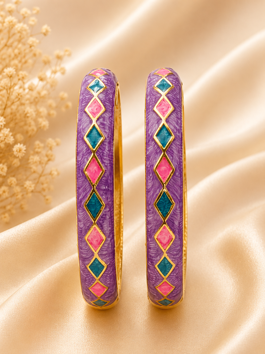 Geometric Harlequin Gold Tone Enamel Hinged Bracelet - Image 2