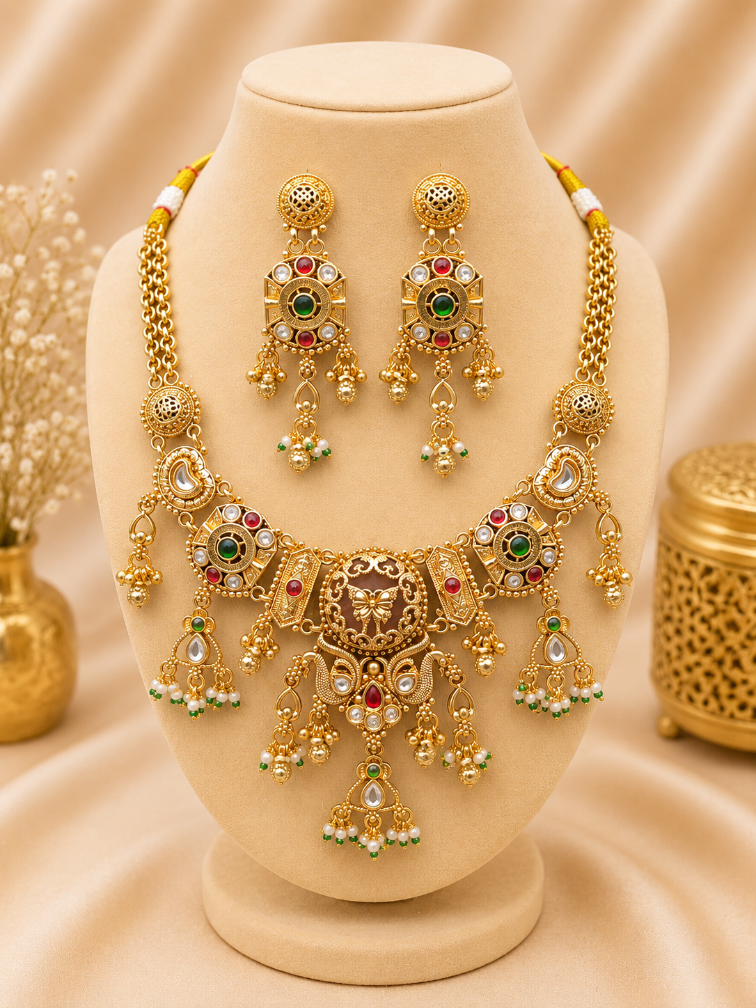 Royal Butterfly Heritage Antique Matte Gold Choker Suite with Hexagonal Gemstone Clusters and Beaded Pearl Drops - Image 2