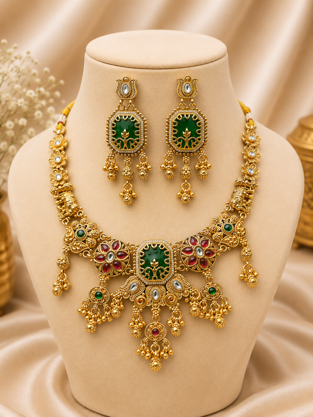 Royal Heritage Antique Gold Choker Suite with Hexagonal Emerald Medallions, Ruby Accents and Elephant Motifs - Image 2