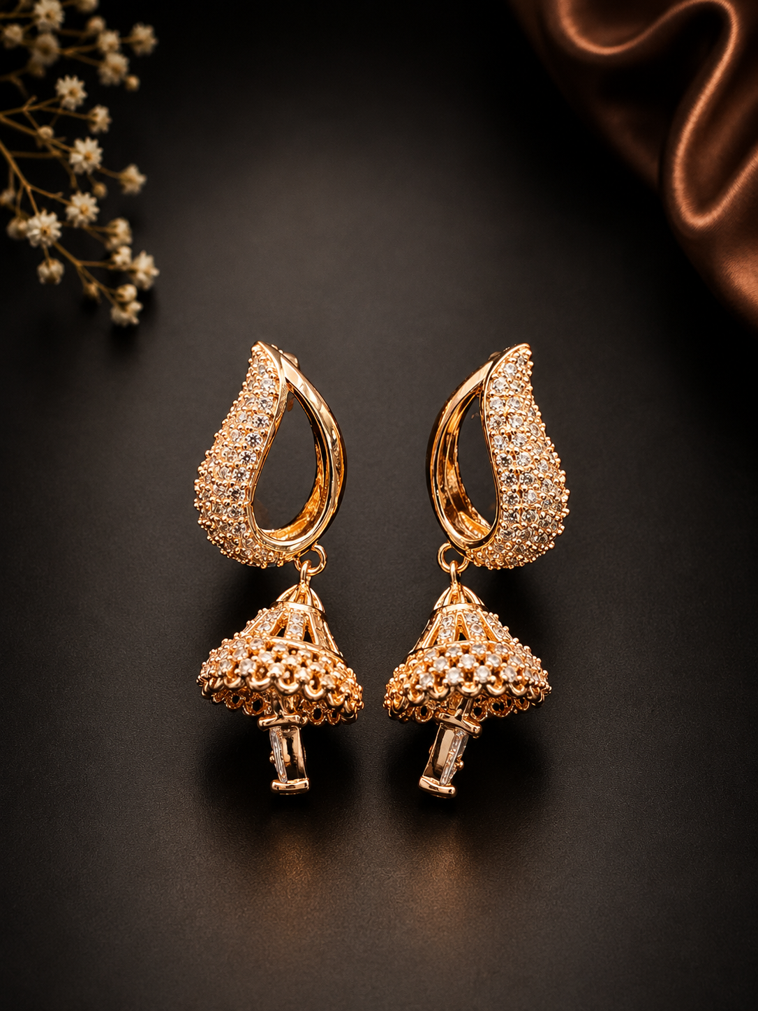 Elegant CZ Crystal Jhumka Dangling Earrings - Image 2