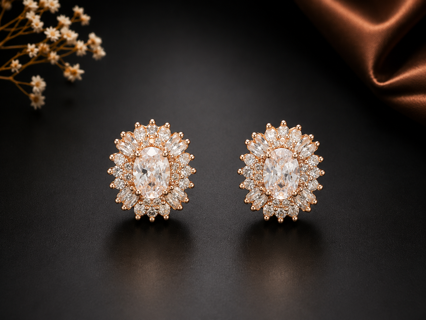 Gold Plated Oval Cubic Zirconia Sunburst Stud Earrings - Image 2