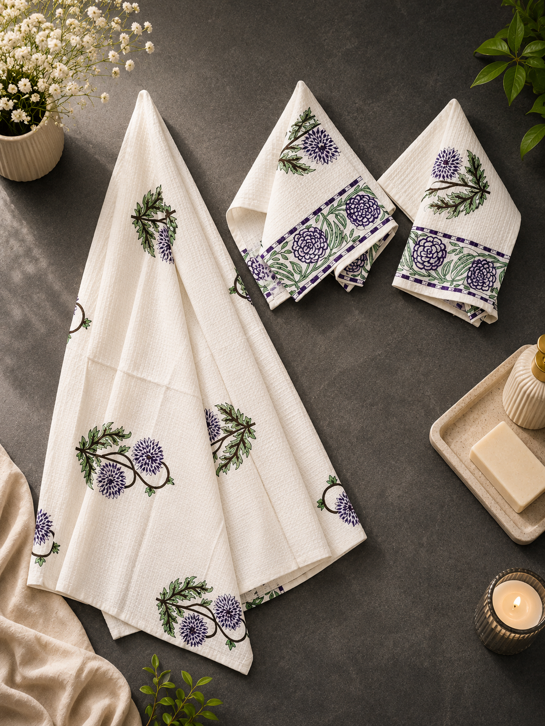 Hand Block Organic Cotton Waffle Towel Set: Bath & Hand Towels - Image 2