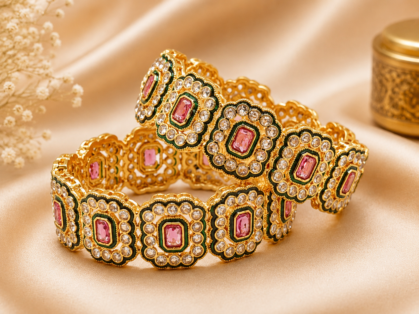Traditional Pink Ruby Crystal Kundan Kada Bangles - Image 2