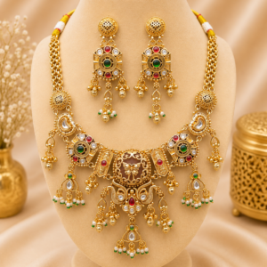 Royal Butterfly Heritage Antique Matte Gold Choker Suite with Hexagonal Gemstone Clusters and Beaded Pearl Drops