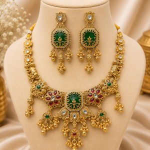 Royal Heritage Antique Gold Choker Suite with Hexagonal Emerald Medallions, Ruby Accents and Elephant Motifs
