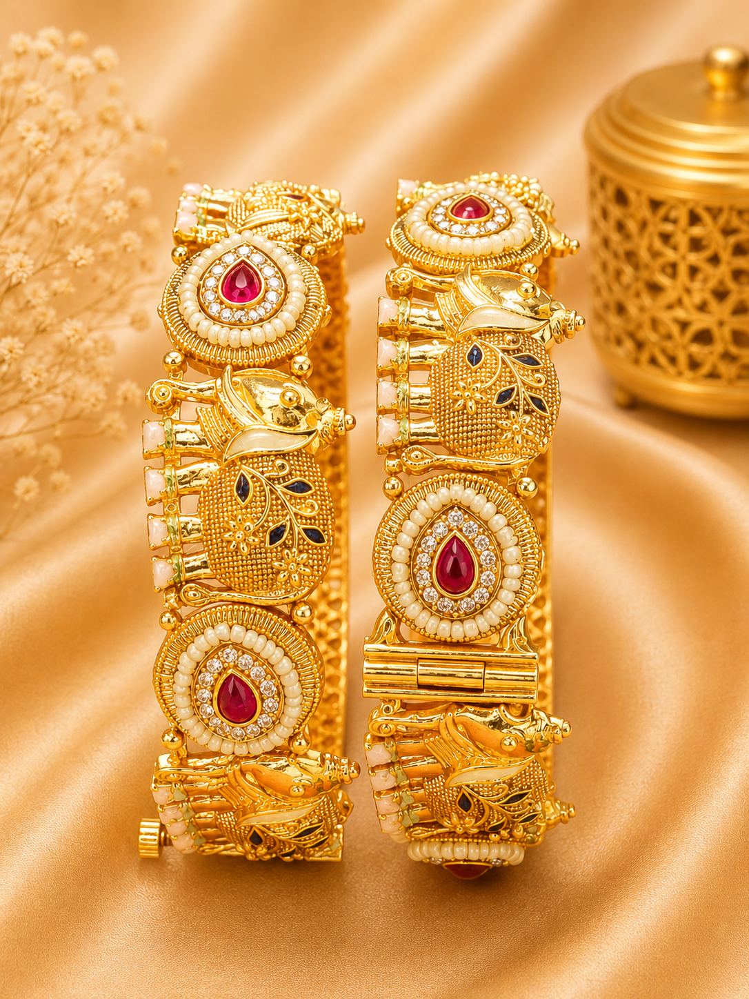 Royal Gold Tone Medallion Enamel Statement Bangles - Image 2
