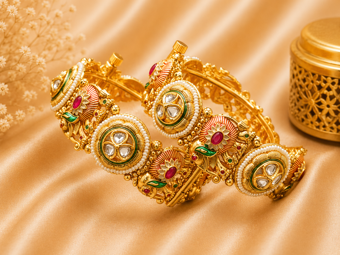 Antique Pearl Bordered Emblem Kundan Kada Bangles - Image 2