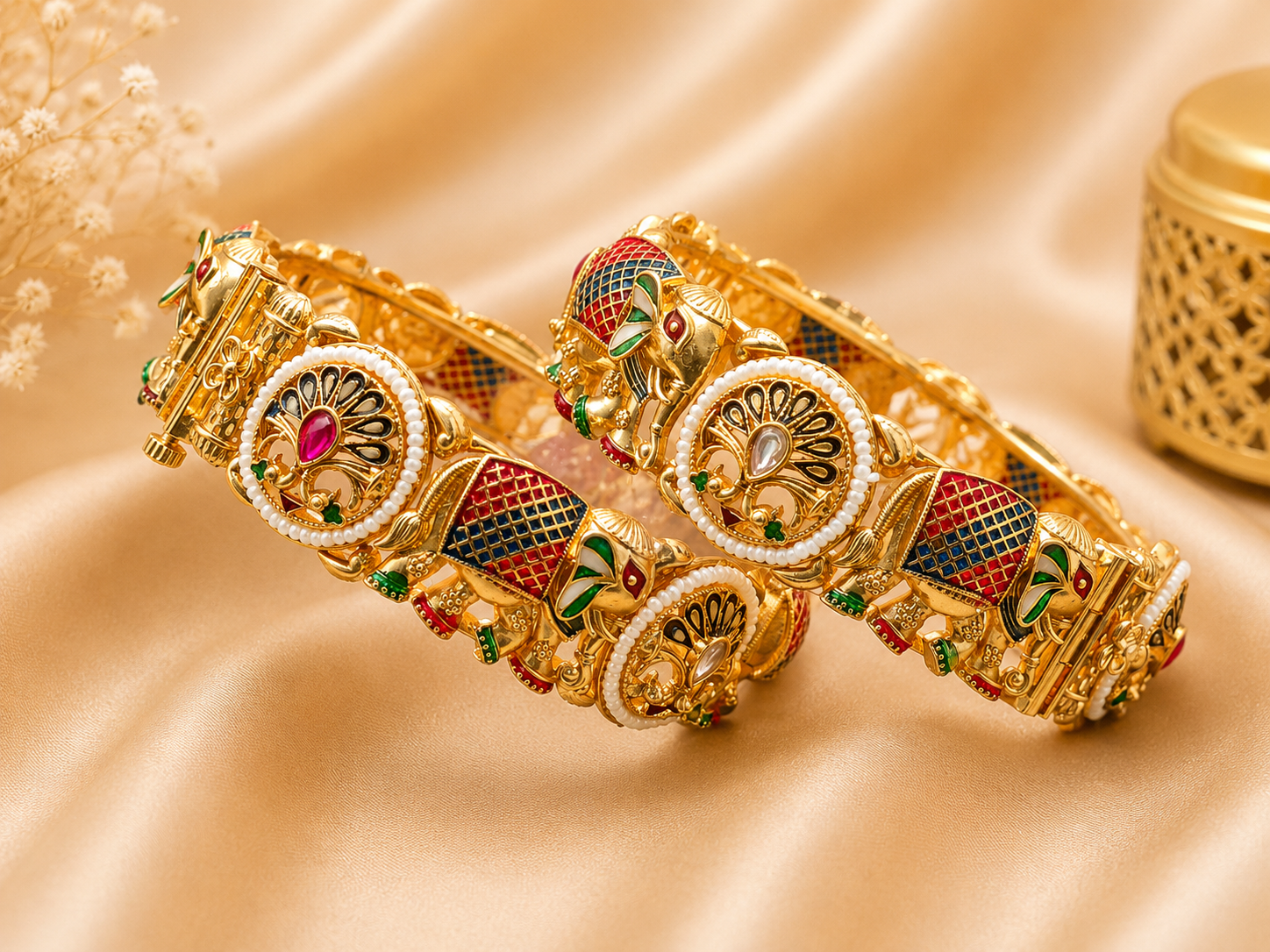 Antique Gold Tone Pearl and Enamel Embellished Statement Bangles - Image 2