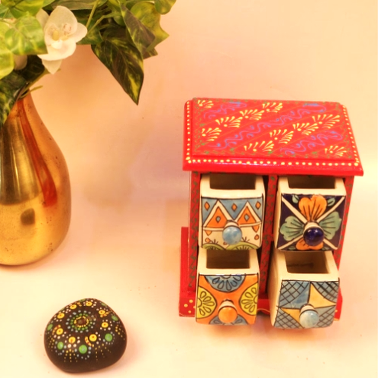 Hand-Painted Ceramic & Wooden 4-Drawer Mini Wooden Chest - Image 3