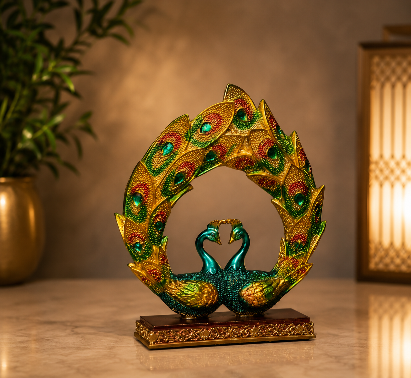 Elegant Twin Peacock Resin Statue – Majestic Feathers Circular - Image 3