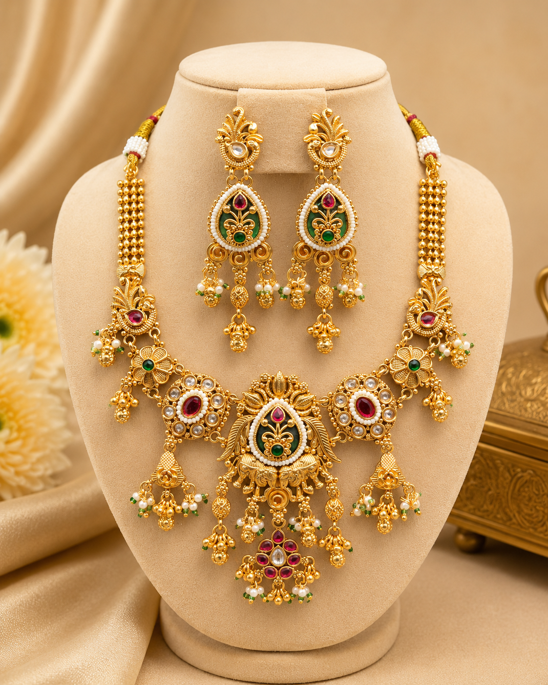 Imperial Heritage Antique Matte Gold Finish Necklace Set – Intricate Enamel Meenakari and Kemp Stone with Pearl Drops - Image 3