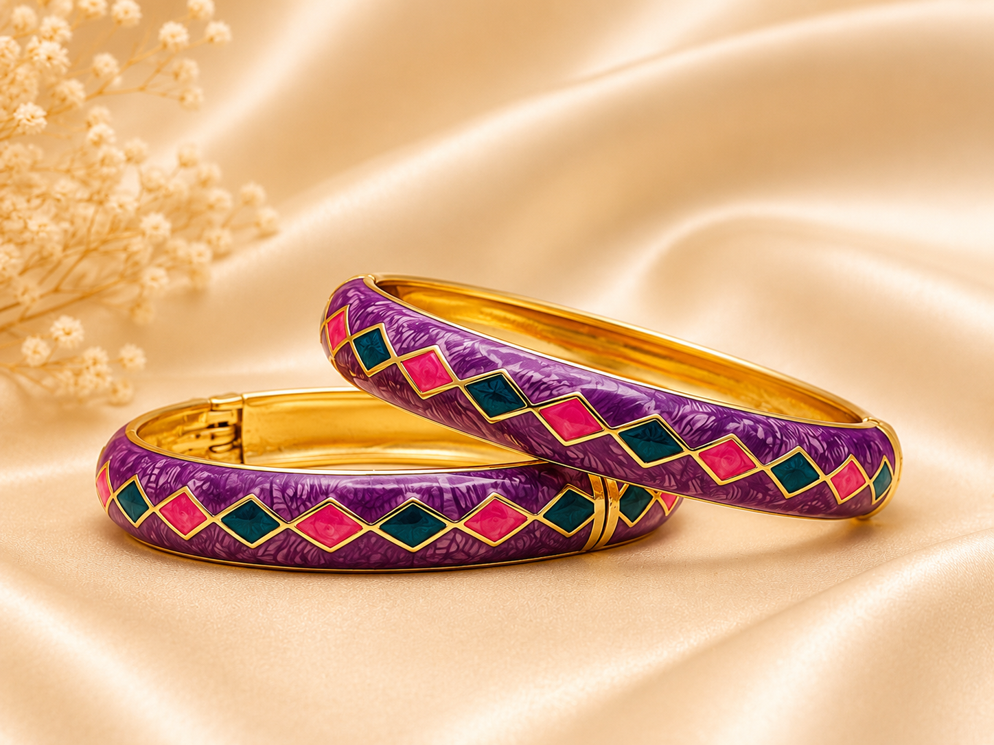 Geometric Harlequin Gold Tone Enamel Hinged Bracelet - Image 3