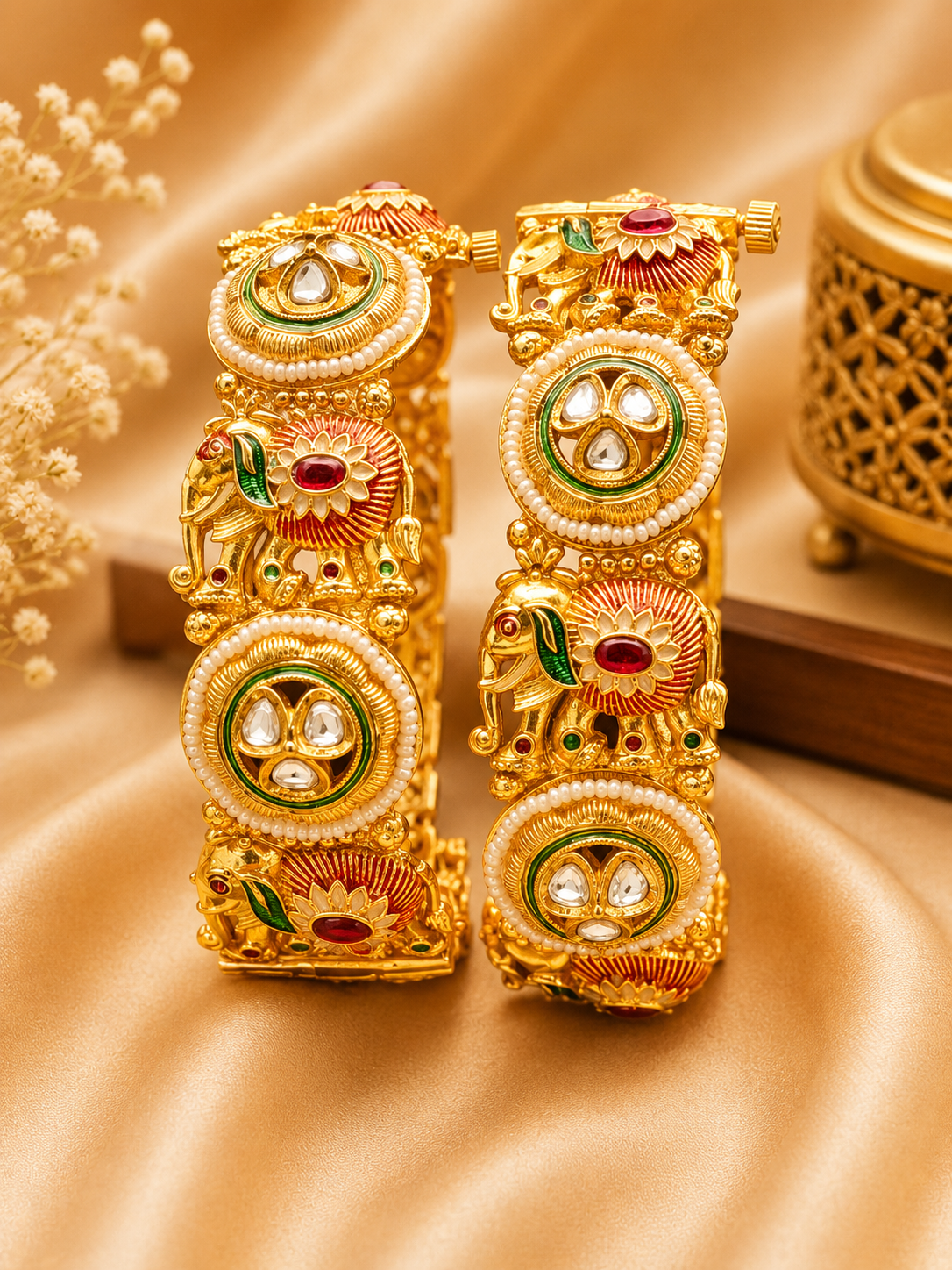 Antique Pearl Bordered Emblem Kundan Kada Bangles - Image 3