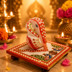 Hand-Painted Marble Ganesha Idol with Decorated Peacock Chowki