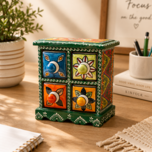 Hand-Painted Ceramic & Wooden 4-Drawer Mini Wooden Chest