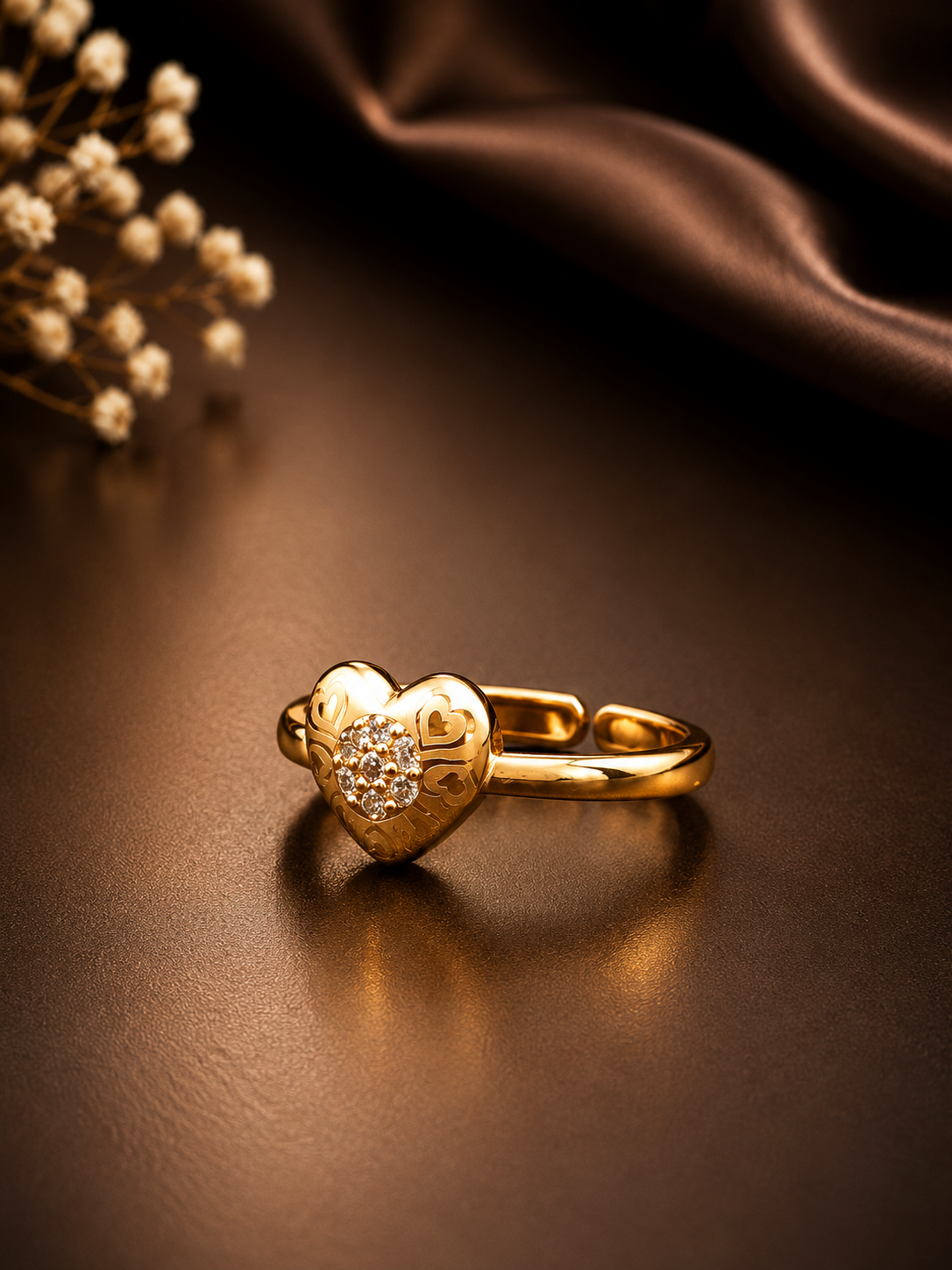 Gold Heart Filigree Adjustable Ring, Pavé CZ Cluster Open Band Ring