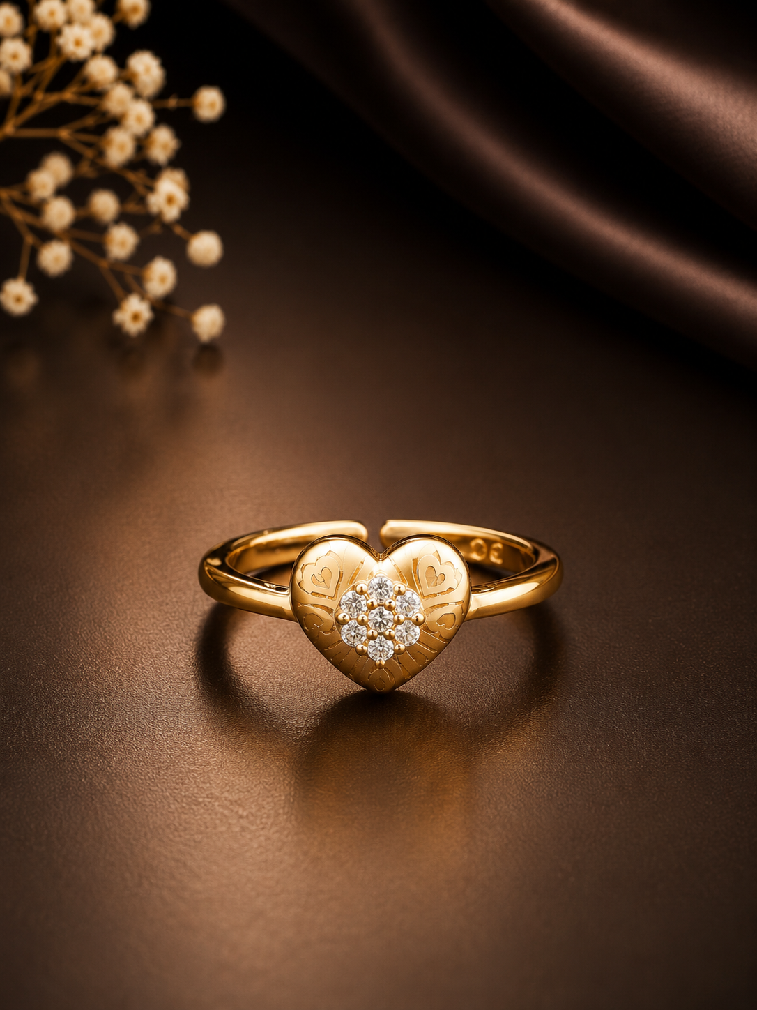 Gold Heart Filigree Adjustable Ring, Pavé CZ Cluster Open Band Ring - Image 2